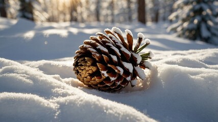 Snow-covered pine cone resting on a snowy forest floor with sunlight filtering through trees