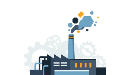 Industrial factory production icon with chimney gears and geometric smoke