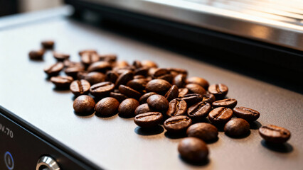 Roasted coffee beans scattered on a flat surface of a kitchen appliance