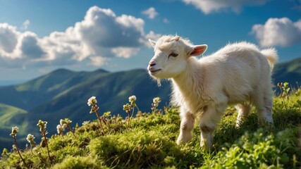 Obraz premium A playful young goat stands on a lush green hillside, with rolling mountains and clouds in the background