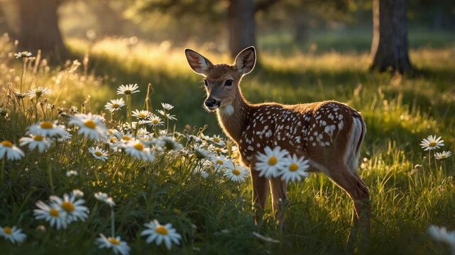 Young fawn standing among blooming daisies in a sunlit meadow, surrounded by trees