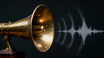 Vintage brass gramophone horn emitting sound waves against a dark background