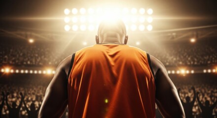 Basketball player preparing for game under bright arena lights with excited crowd