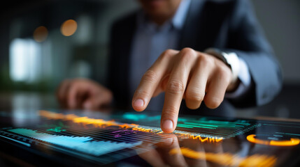 Business hands touching transparent screen showing website performance metrics page views bounce rates session duration user flow visualization face obscured with copy space