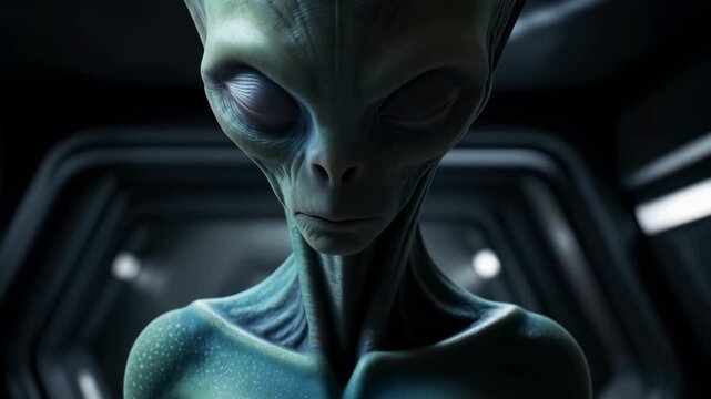 Alien creature portrait with green eyes changes focus inside a spaceship, extraterrestrial life and science fiction concept animation