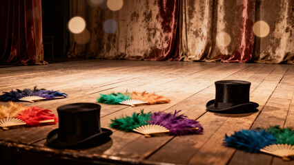 Stage with top hats and colorful feather fans arranged on wooden floor