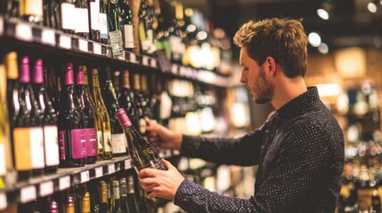 A man carefully examines wine bottles on a store shelf during a lively evening.