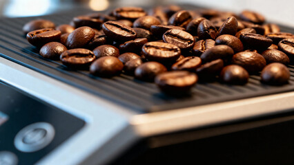 Roasted coffee beans on a digital scale