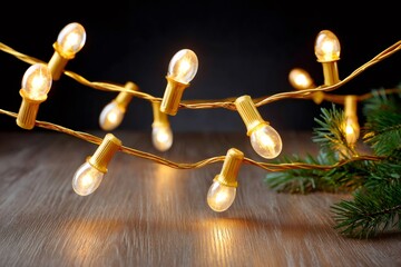 Obraz premium Glowing Christmas string lights on wooden table