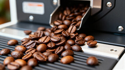 Roasted coffee beans being dispensed from a machine onto a cooling tray