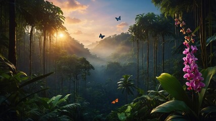 Vibrant sunset over a lush tropical rainforest with colorful butterflies and blooming orchids