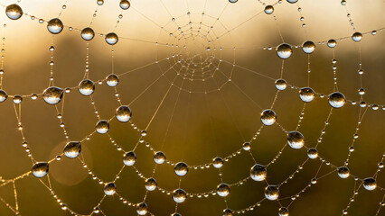 Spiderweb with dew drops illuminated by morning light