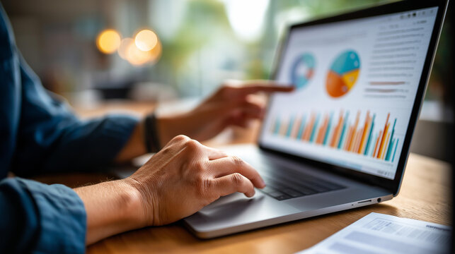Faceless financial analyst hands pointing at holographic budget dashboard expense tracking variance analysis financial planning metrics laptop visible face not shown finance