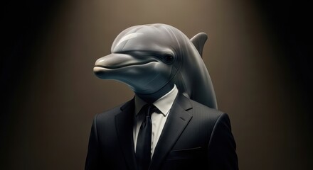 Unique art piece features a dolphin head on a suited person in dramatic lighting