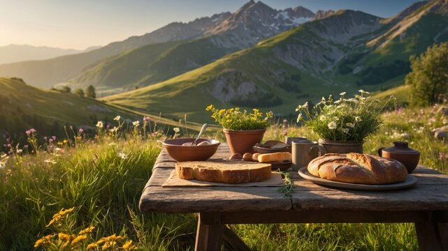 Scenic outdoor breakfast setting with fresh bread and flowers on a wooden table in a mountain landscape