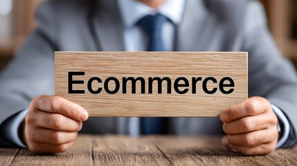Businessman holding wooden sign presenting ecommerce concept