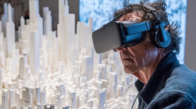 A man immerses himself in virtual reality while observing a detailed cityscape model.
