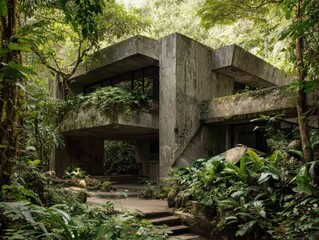 Brutalist Architecture Overgrown by Lush Tropical Jungle, Concrete Structure Blends with Dense Green Foliage, Abandoned Building Integrated in Vibrant Rainforest Environment