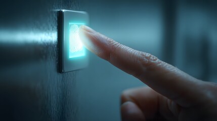 The biometric authentication system evokes trust as a fingertip gently activates glowing sensor lights.