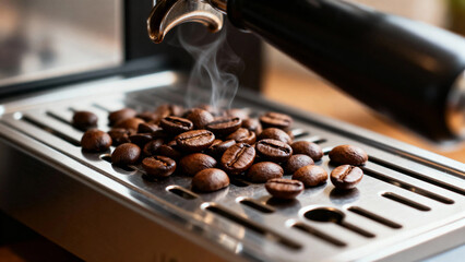 Roasted coffee beans on a metal tray with steam rising, being poured from a kettle.