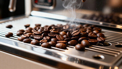 Roasted coffee beans cooling on a metal tray with steam rising
