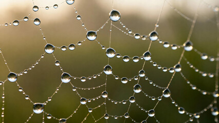 Dewdrops on a spiderweb glistening in morning light
