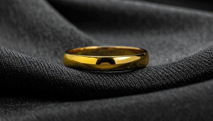 Gleaming gold ring, centered, upon dark, textured fabric with soft, natural light highlighting its smooth surface
