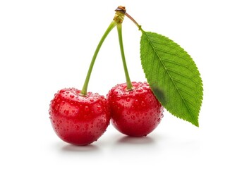 Freshly picked red cherries with glistening water droplets and a vibrant green leaf, perfect for healthy eating and summer delights