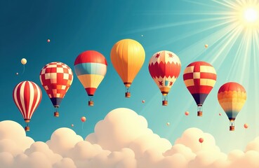 Obraz premium Colorful hot air balloons floating in a bright sky with fluffy clouds and shining sun