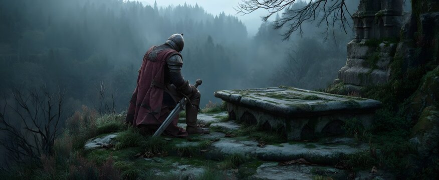 Crusader kneels by mossy stone altar on misty dawn hill in dented chainmail gripping worn sword. - Powered by Adobe