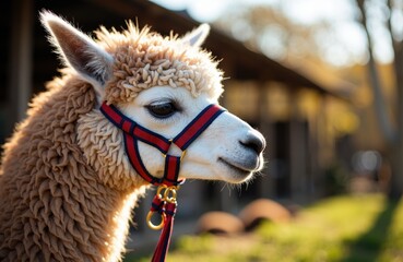 Obraz premium A cute alpaca with a colorful halter standing outdoors in natural sunlight
