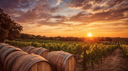 Obraz premium Golden sunlight casts a warm glow over a vineyard filled with lush grapevines and oak barrels.