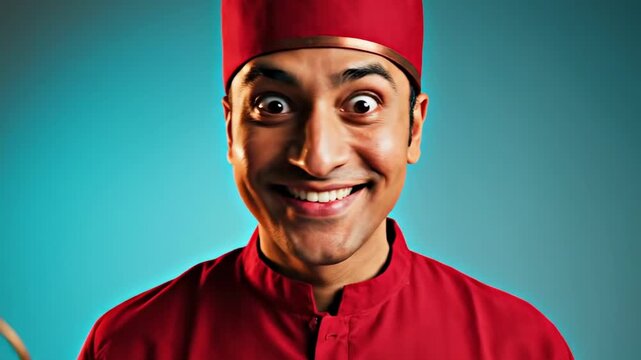 tunic mens clothing - A cheerful hotel bellhop in a bright red uniform holds a golden service bell high with a big smile, set against a vibrant blue backdrop, embodying hospitality