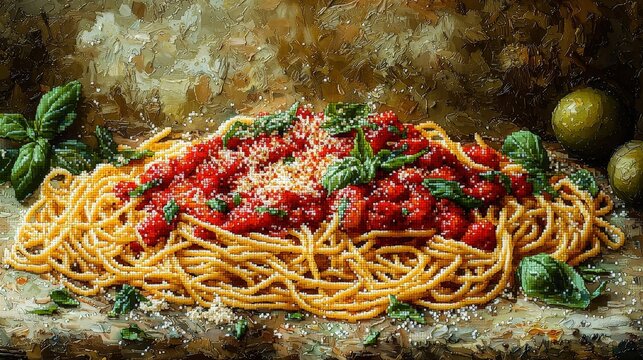 Traditional italian spaghetti with tomato sauce, basil, and parmesan cheese on rustic table in classic oil painting style