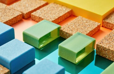 Fototapeta premium Colorful soap bars and cork tiles arranged in a pattern on a pastel background