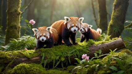 Three red pandas exploring a lush green forest with vibrant flowers and soft sunlight filtering through