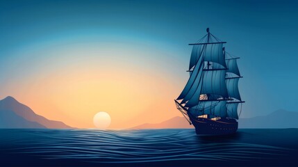 Fototapeta premium Tall ship sailing on ocean at scenic sunset