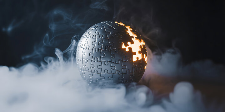 Cracked puzzle sphere glows with inner light, surrounded by swirling smoke, suggesting mystery.