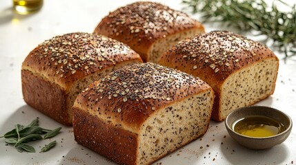Freshly baked multigrain bread loaves with seeds and herbs, rustic artisan bakery style, healthy whole wheat breads