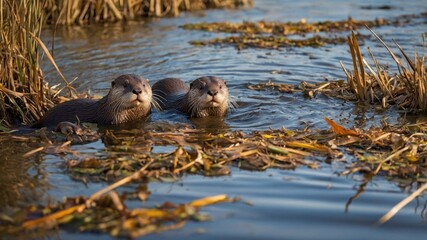 Fototapeta premium Two playful otters swimming in a serene wetland surrounded by lush vegetation under a clear sky