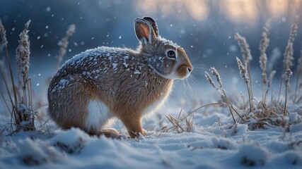 Obraz premium Snowy rabbit in a serene winter landscape, surrounded by snowflakes and tall grasses at dusk