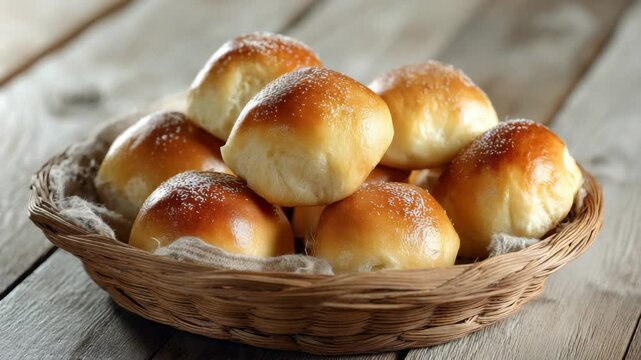 Basket Of Golden Brown Dinner Rolls In A Woven Rustic Basket On A Weathered Wooden Table Natural Light Freshly Baked Aroma Close Up View Highlighting Steam And Texture Home Kitchen Photography
