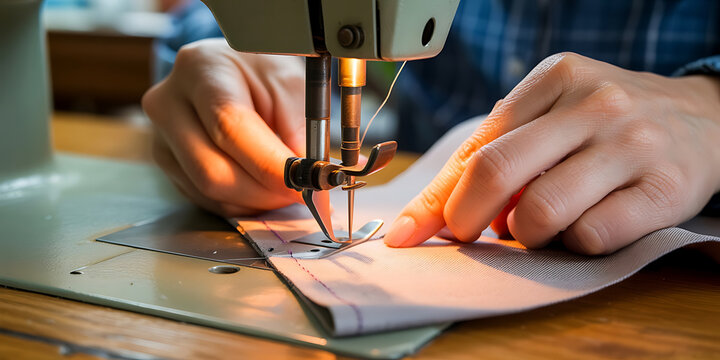 Hands guide fabric beneath a sewing machine's needle, crafting a textile creation.