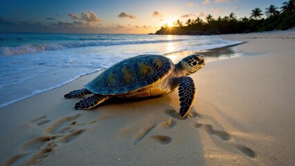 Sea turtle gracefully moving along a sandy beach at sunset, with gentle waves and palm trees in the background
