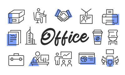 Office poster. Office banner design with workplace icons. Desk, Coffee, Printer, Document, Chart icons. Simple poster for presentations, covers. Banner template. Vector illustration.