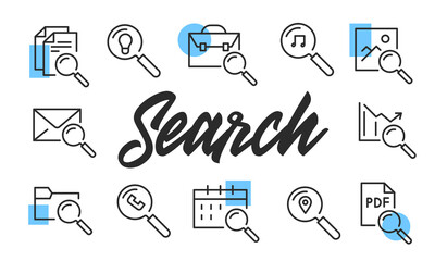 Search poster. Search banner design with magnifier icons. Document, Email, Calendar, Photo, Chart icons. Simple poster for presentations, covers. Banner template. Vector illustration.