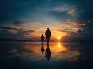 Father and Son Strolling on Reflective Wet Beach Sand at Vibrant Sunset with Dynamic Clouds, Silhouetted Figures Against Golden Hour Sky and Ocean Horizon, Serene Coastal View