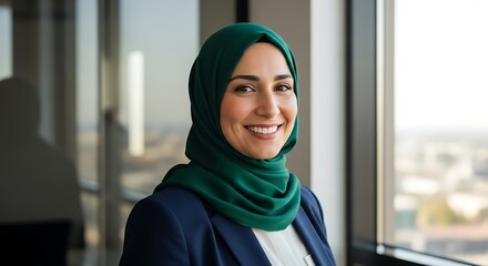 Smiling arab businesswoman in hijab standing in office near the window