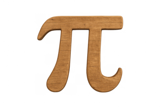 Wooden pi symbol (π) on a transparent background, depicting mathematics, geometry, and education concepts