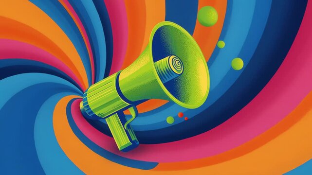 Vibrant Multicolored Spiral Background With Lime Green Megaphone In Abstract Digital Art Style, Broadcast Theme Emphasizing Energetic Communication And Promotional Impact For Media Campaigns
